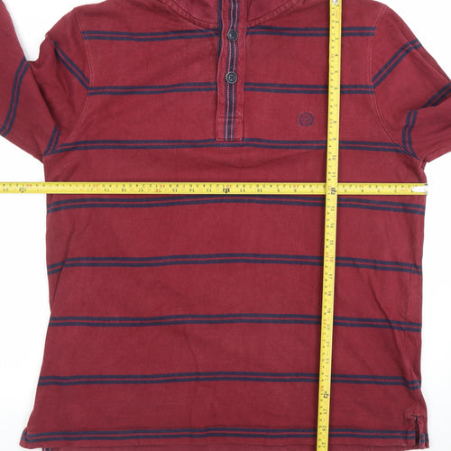 Marks and Spencer Men's Red Striped Long Sleeve Polo Shirt L