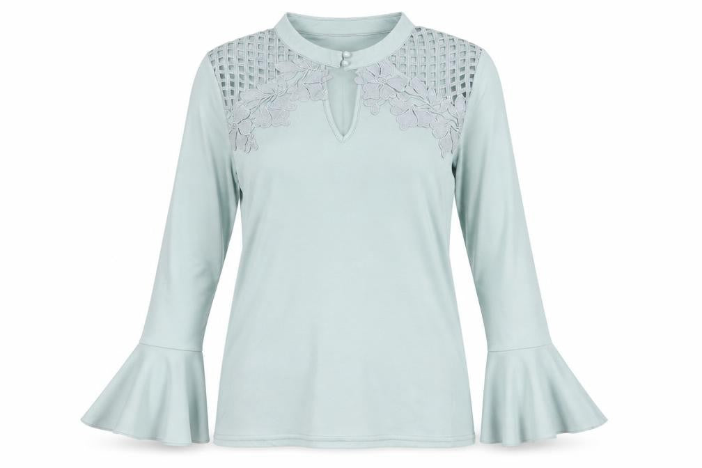 Lulumary Women Green Long Sleeve Lace Blouse Size L