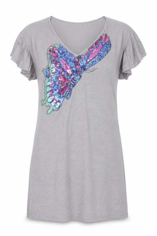 Front view of Oasis Women Grey Sequin Butterfly T-Shirt Dress, size S