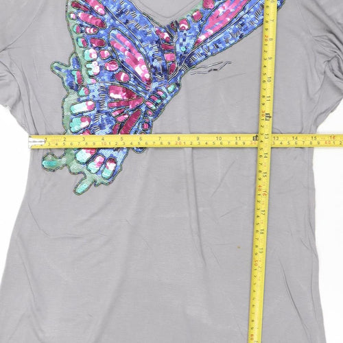 Oasis Women Grey Sequin Butterfly T-Shirt Dress Size S