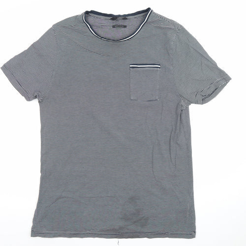 Marks and Spencer Men's Blue Striped Cotton T-Shirt XL Regular Fit