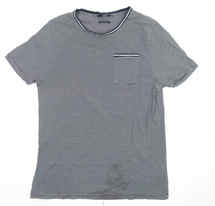 Marks and Spencer Men's Blue Striped Cotton T-Shirt XL Regular Fit