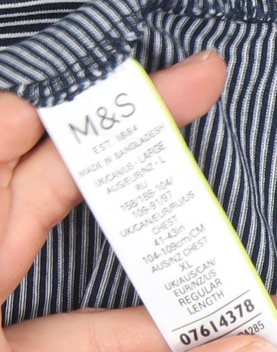 Marks and Spencer Men's Blue Striped Cotton T-Shirt XL Regular Fit