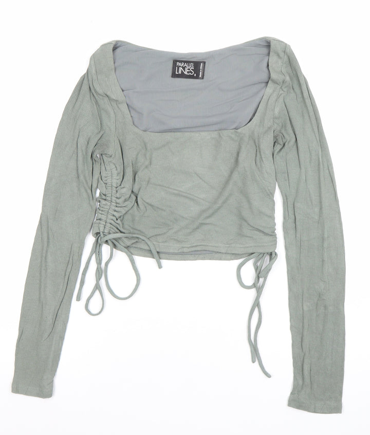 Parallel Lines Women's Green Cropped Long Sleeve Square Neck Top Size 8