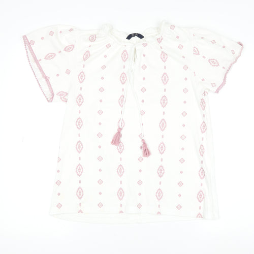 DNMX Womens White Pink Embroidered Boho Tassel Peasant Blouse M