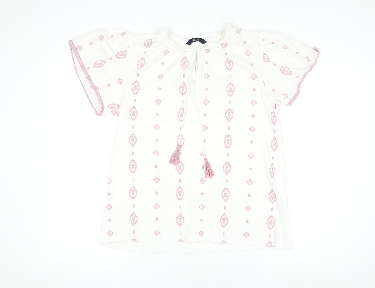 DNMX Womens White Pink Embroidered Boho Tassel Peasant Blouse M