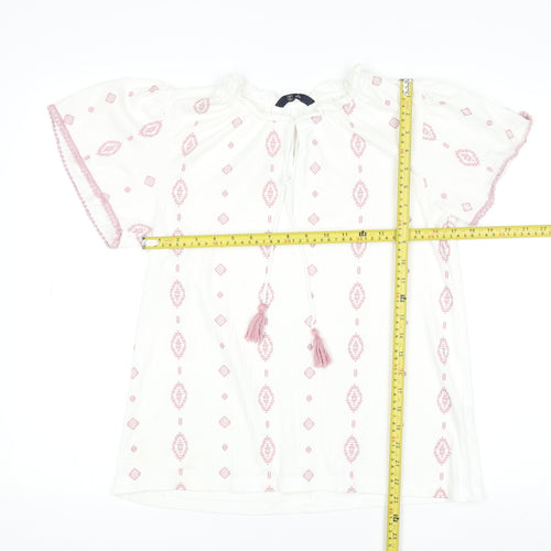 DNMX Womens White Pink Embroidered Boho Tassel Peasant Blouse M