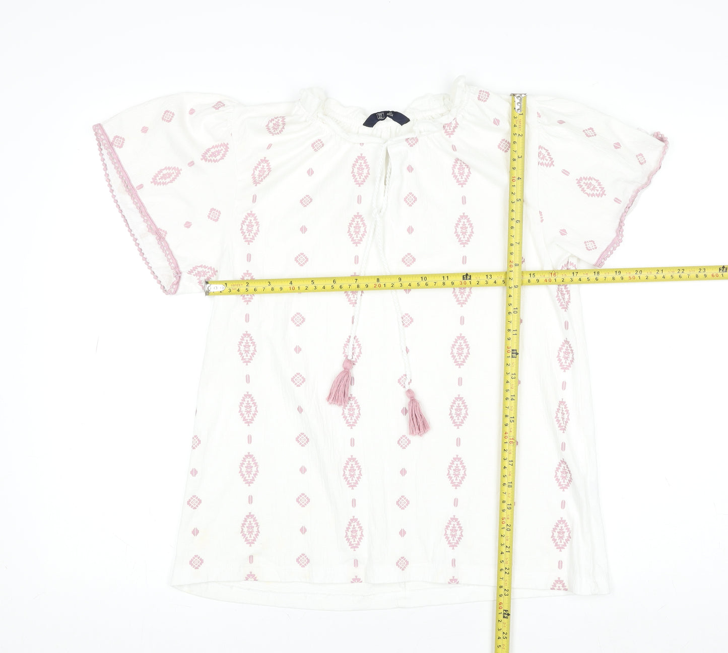 DNMX Womens White Pink Embroidered Boho Tassel Peasant Blouse M