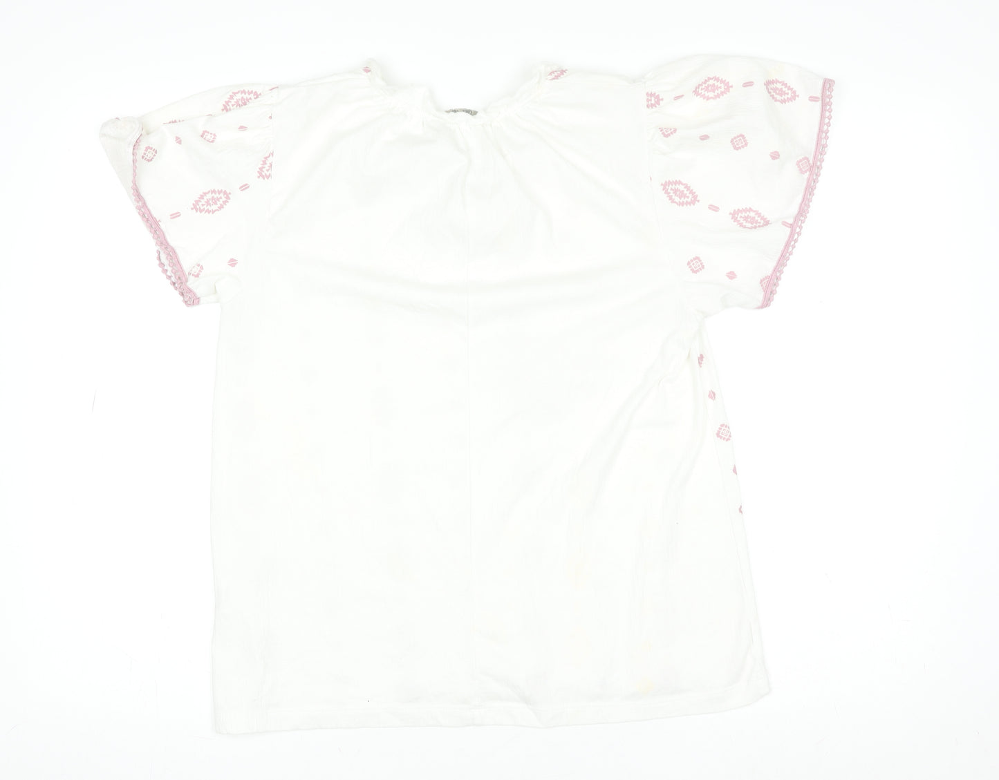 DNMX Womens White Pink Embroidered Boho Tassel Peasant Blouse M