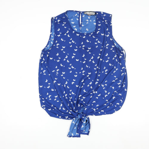 Paco Boutique Women Blue Butterfly Chiffon Sleeveless Blouse Size 16