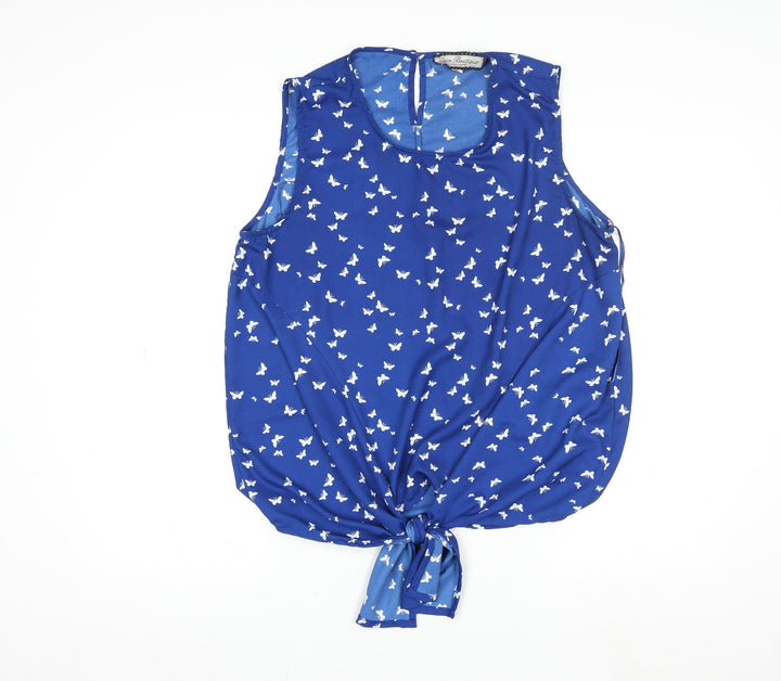 Paco Boutique Women Blue Butterfly Chiffon Sleeveless Blouse Size 16