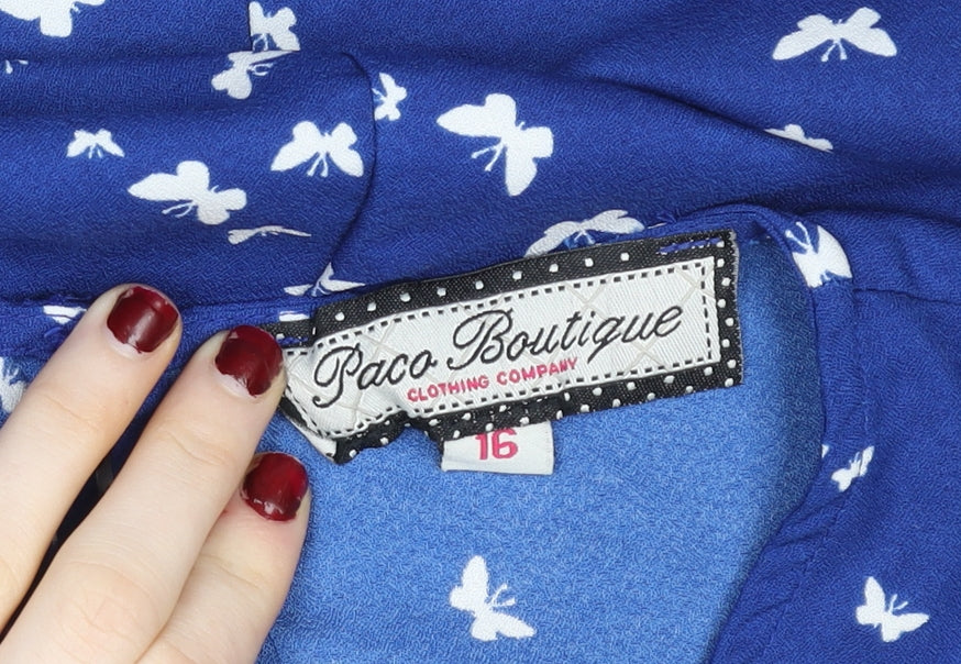 Paco Boutique Women Blue Butterfly Chiffon Sleeveless Blouse Size 16