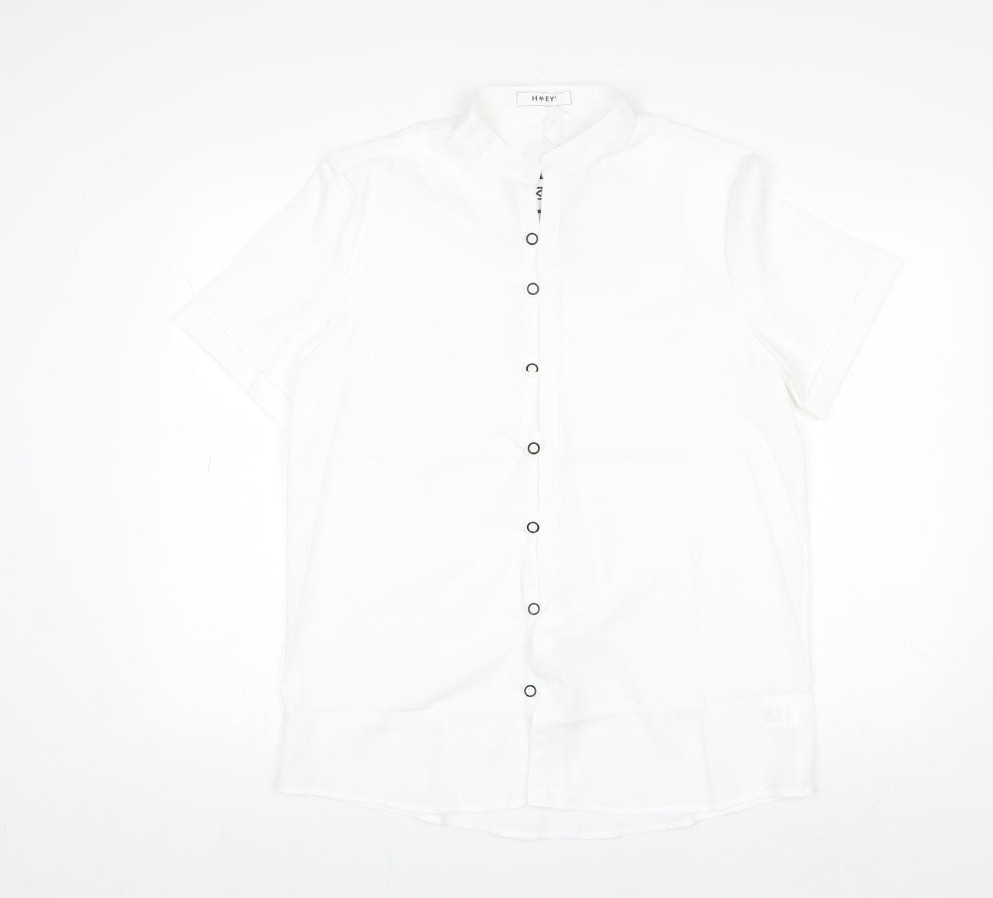 HYEYI Women's White Short Sleeve Button-Up Shirt Medium