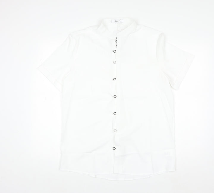 HYEYI Women's White Short Sleeve Button-Up Shirt Medium