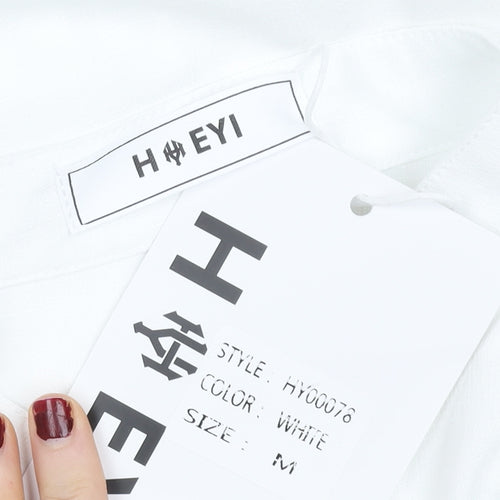 HYEYI Women's White Short Sleeve Button-Up Shirt Medium