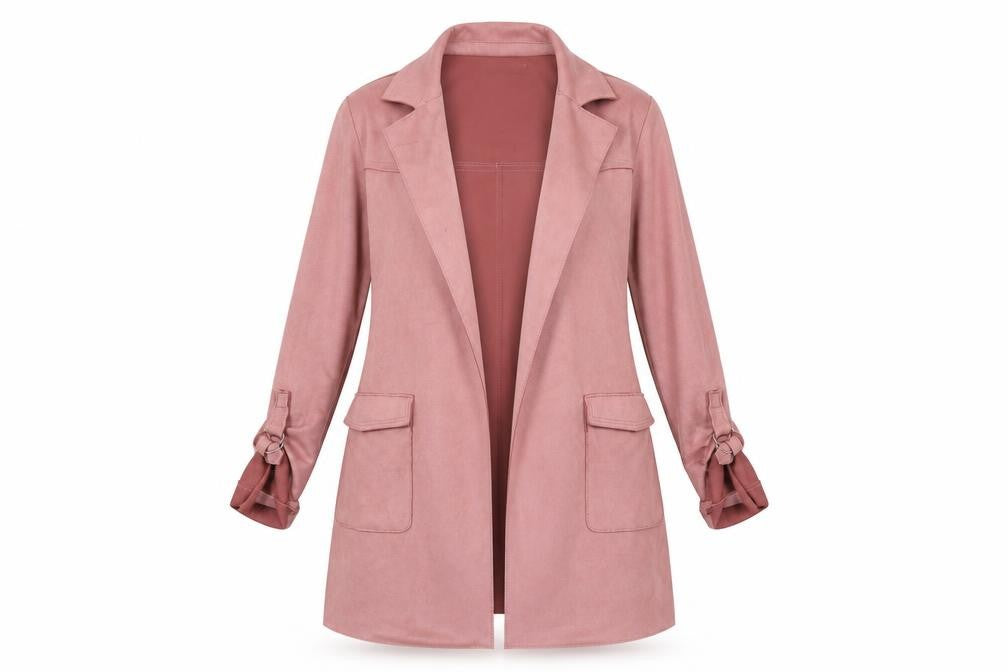 Front view of Bershka women’s pink long belted trench coat, size S