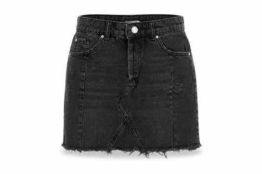 Front view of Miss Selfridge Women’s Black Denim Mini Skirt, size UK 8, High Waist
