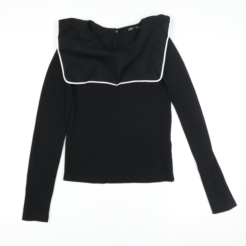 Zara Women Black Long Sleeve Square Neck Slim Jersey Top S