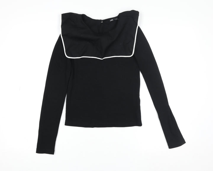 Zara Women Black Long Sleeve Square Neck Slim Jersey Top S