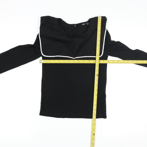 Zara Women Black Long Sleeve Square Neck Slim Jersey Top S