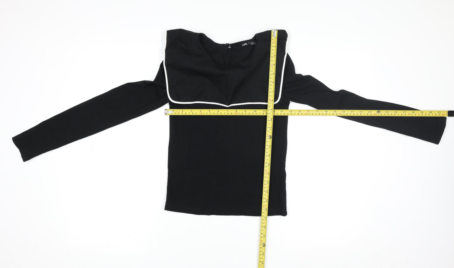 Zara Women Black Long Sleeve Square Neck Slim Jersey Top S