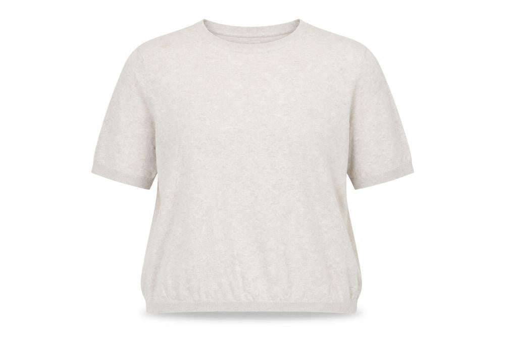 Front view of MB Women’s Beige Short Sleeve Basic Linen Blend T-Shirt, size 2XL