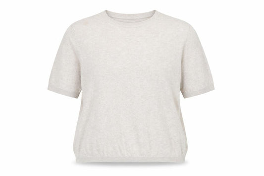 Front view of MB Women’s Beige Short Sleeve Basic Linen Blend T-Shirt, size 2XL
