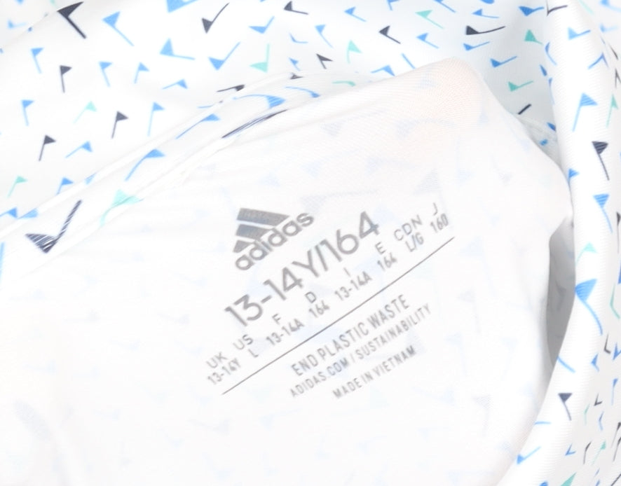 Adidas Boys White Geometric Print Polo Shirt 13-14 Years Sports Summer Top