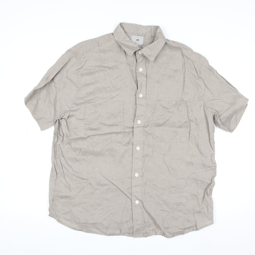 H&M Men's Beige Relaxed Fit Short Sleeve Linen Button-Up Shirt M