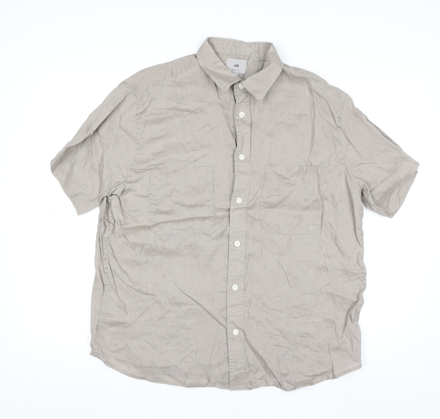 H&M Men's Beige Relaxed Fit Short Sleeve Linen Button-Up Shirt M