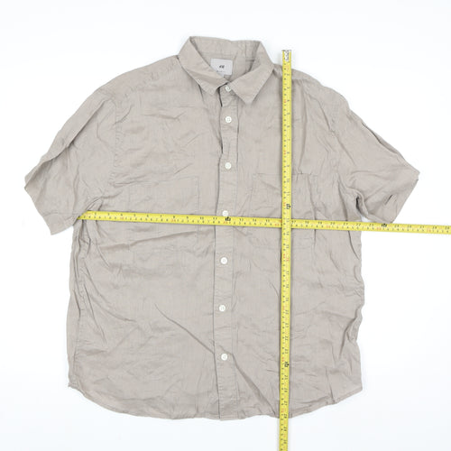 H&M Men's Beige Relaxed Fit Short Sleeve Linen Button-Up Shirt M