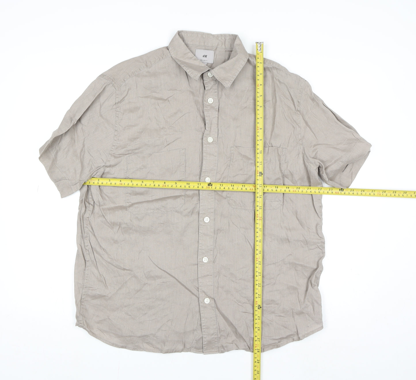 H&M Men's Beige Relaxed Fit Short Sleeve Linen Button-Up Shirt M