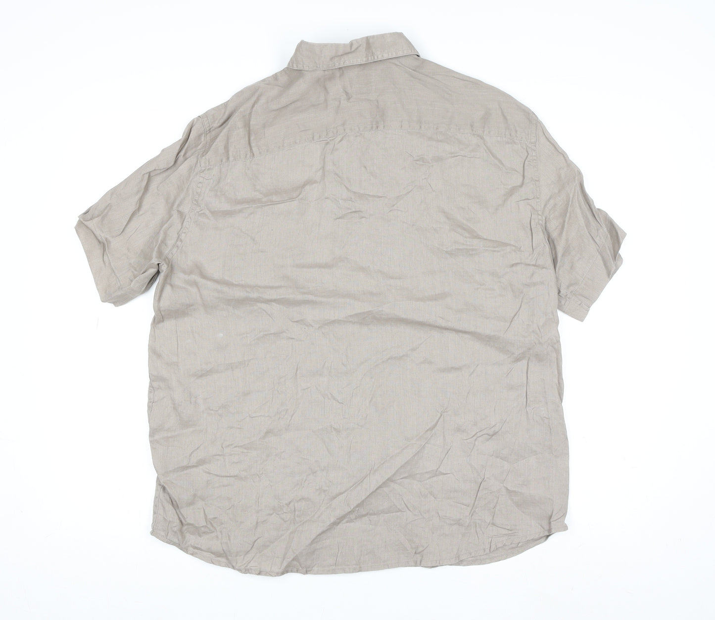 H&M Men's Beige Relaxed Fit Short Sleeve Linen Button-Up Shirt M