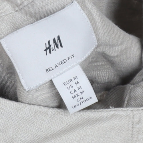H&M Men's Beige Relaxed Fit Short Sleeve Linen Button-Up Shirt M
