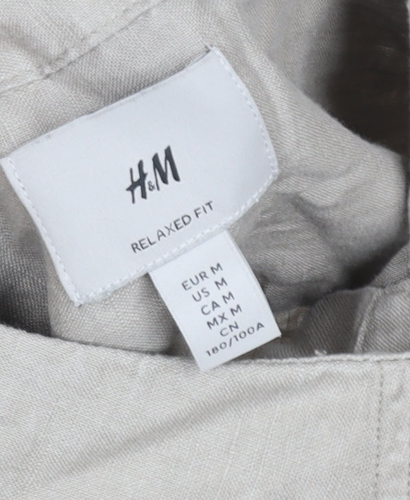 H&M Men's Beige Relaxed Fit Short Sleeve Linen Button-Up Shirt M