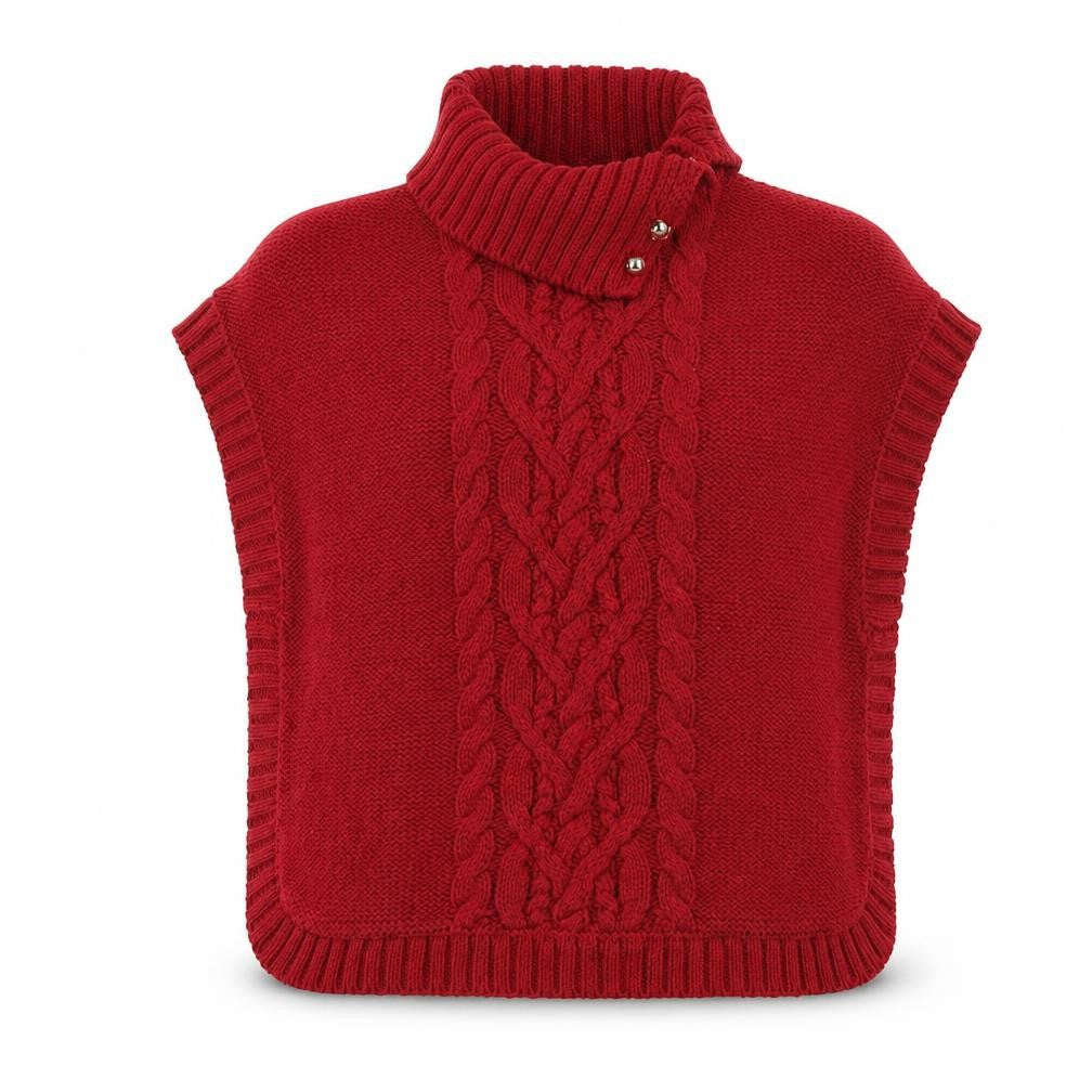 Front view of Nula Bug Women Red Cable-Knit Sleeveless Roll Neck Cape Jumper S