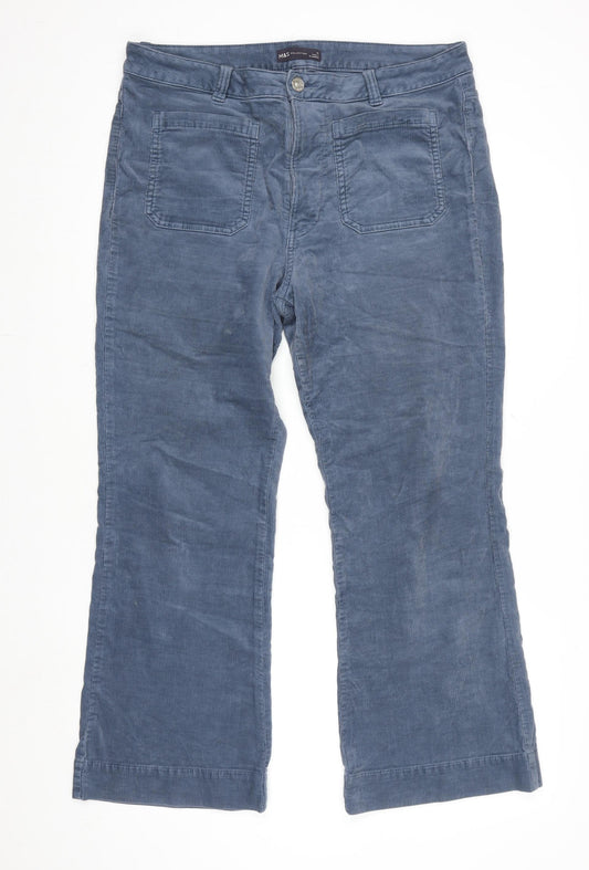 Marks and Spencer Blue Corduroy Straight Leg Trousers Size 16 Regular Fit