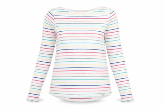 Front view of FatFace women’s multicoloured striped long sleeve cotton t-shirt, size UK 10