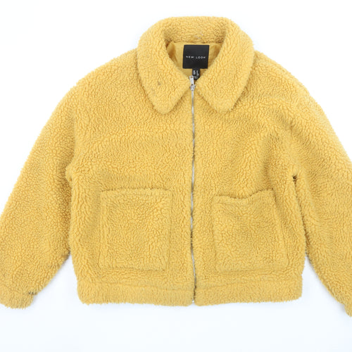New Look Women Yellow Fleece Bomber Jacket Size M Zip Up Casual