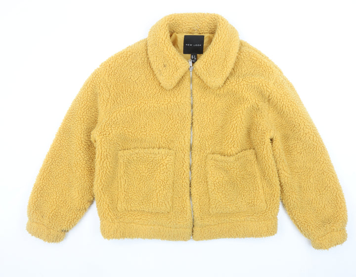 New Look Women Yellow Fleece Bomber Jacket Size M Zip Up Casual