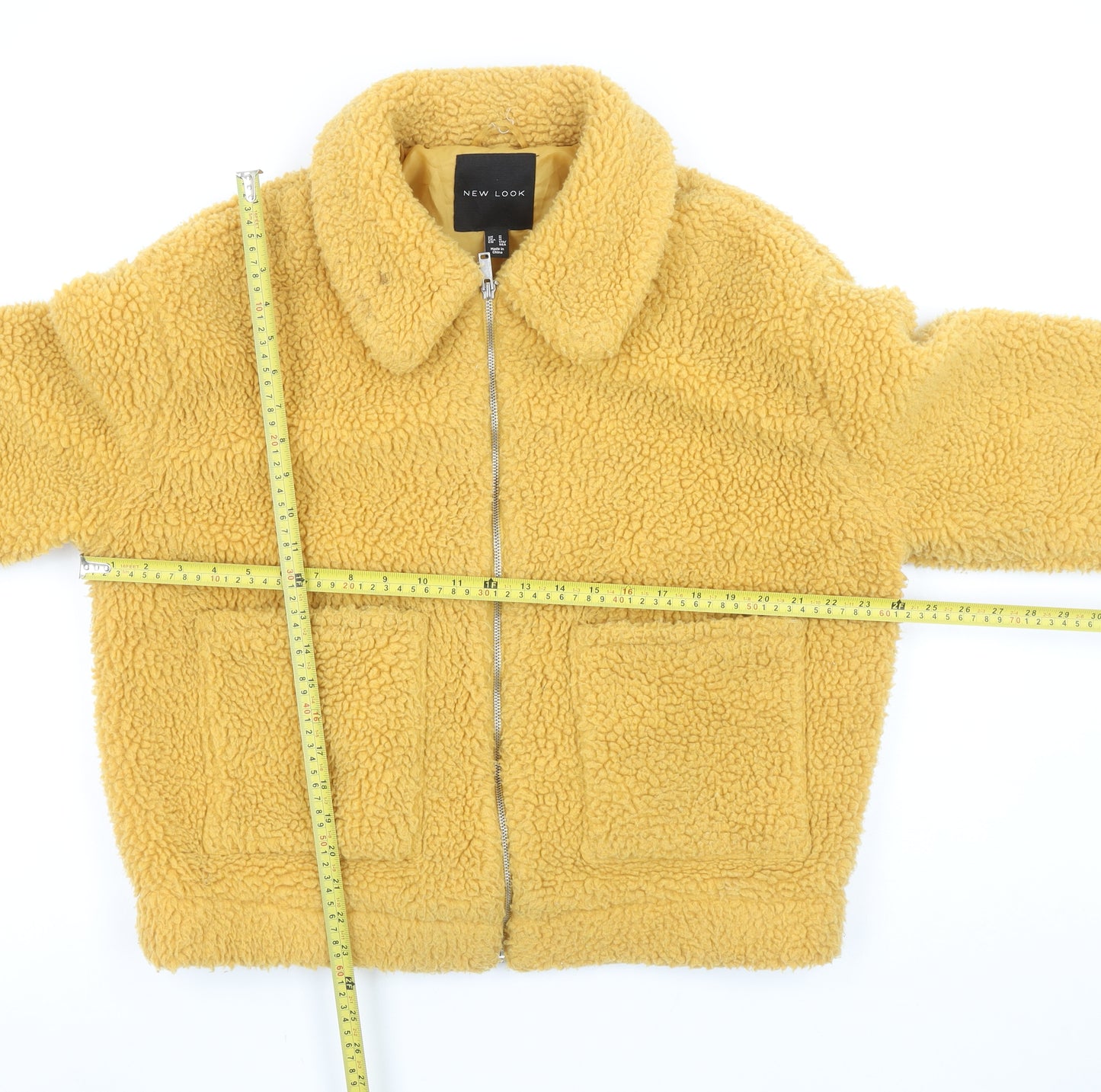 New Look Women Yellow Fleece Bomber Jacket Size M Zip Up Casual