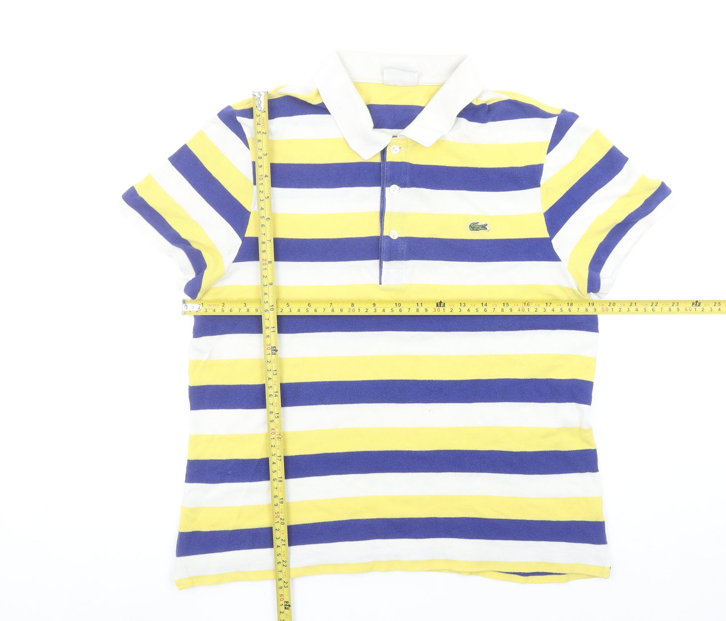 Lacoste Men's Yellow Blue White Striped Slim Fit Polo Shirt Size L