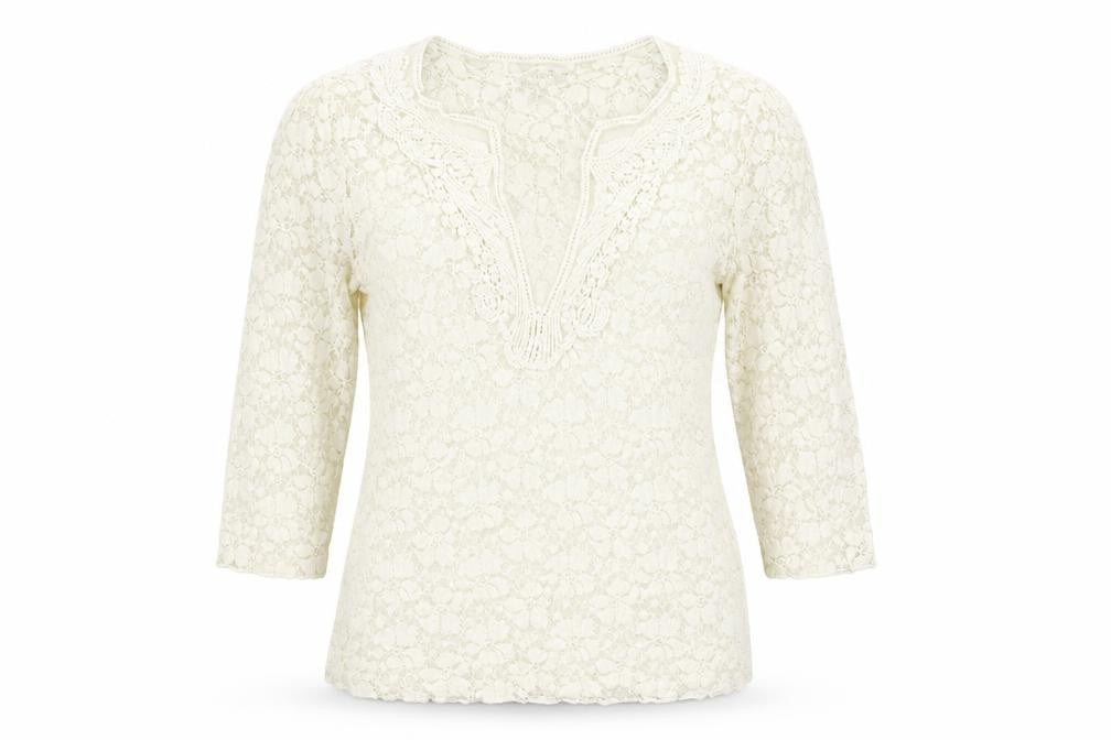 Front view of Marks & Spencer Per Una Ivory Lace 3/4 Sleeve Tunic Blouse, size 12