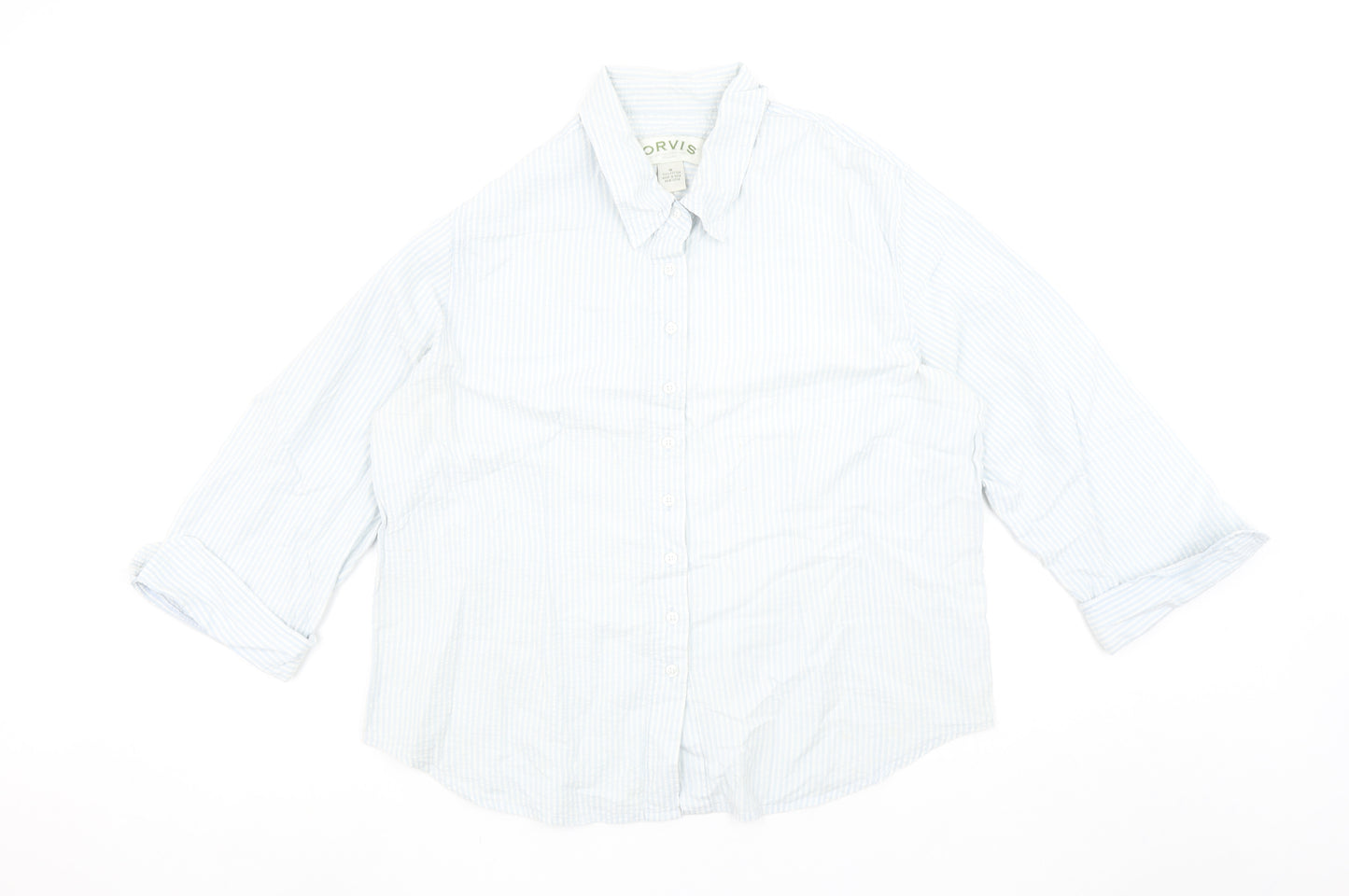 Orvis Women Blue Striped Button-Up Cotton Shirt Size 16