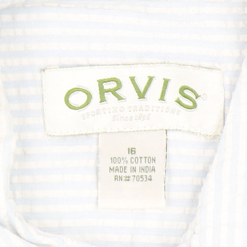 Orvis Women Blue Striped Button-Up Cotton Shirt Size 16
