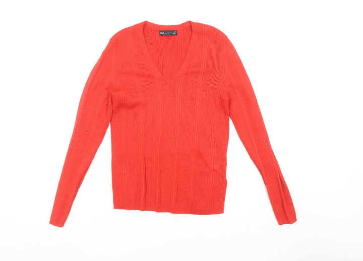 Marks and Spencer Women’s Red V-Neck Ribbed Long Sleeve Jumper Size 12