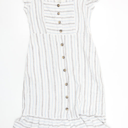 Next Women White Striped Linen Blend Button Knee Length Petite Dress Size 10