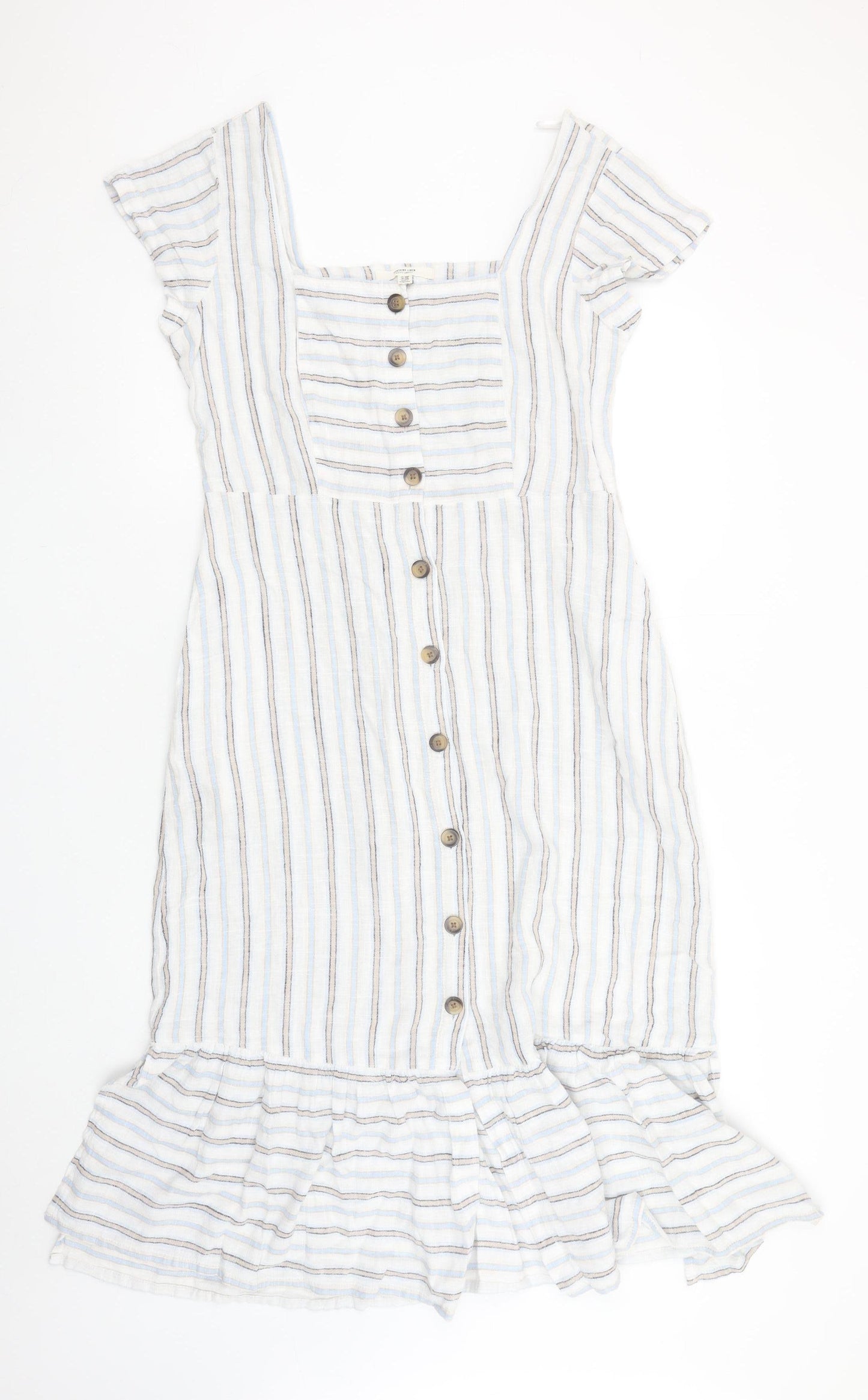 Next Women White Striped Linen Blend Button Knee Length Petite Dress Size 10