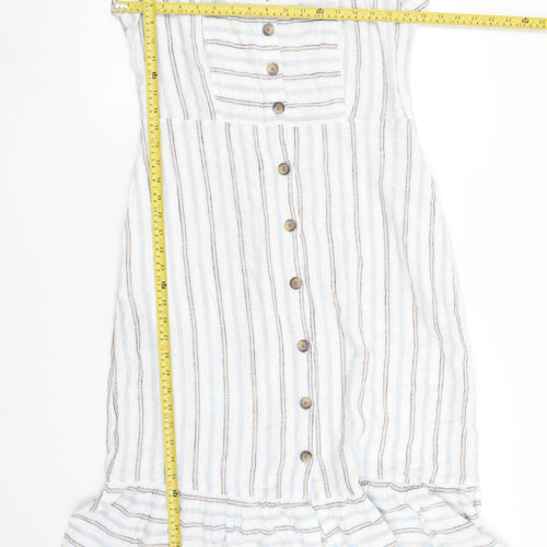 Next Women White Striped Linen Blend Button Knee Length Petite Dress Size 10