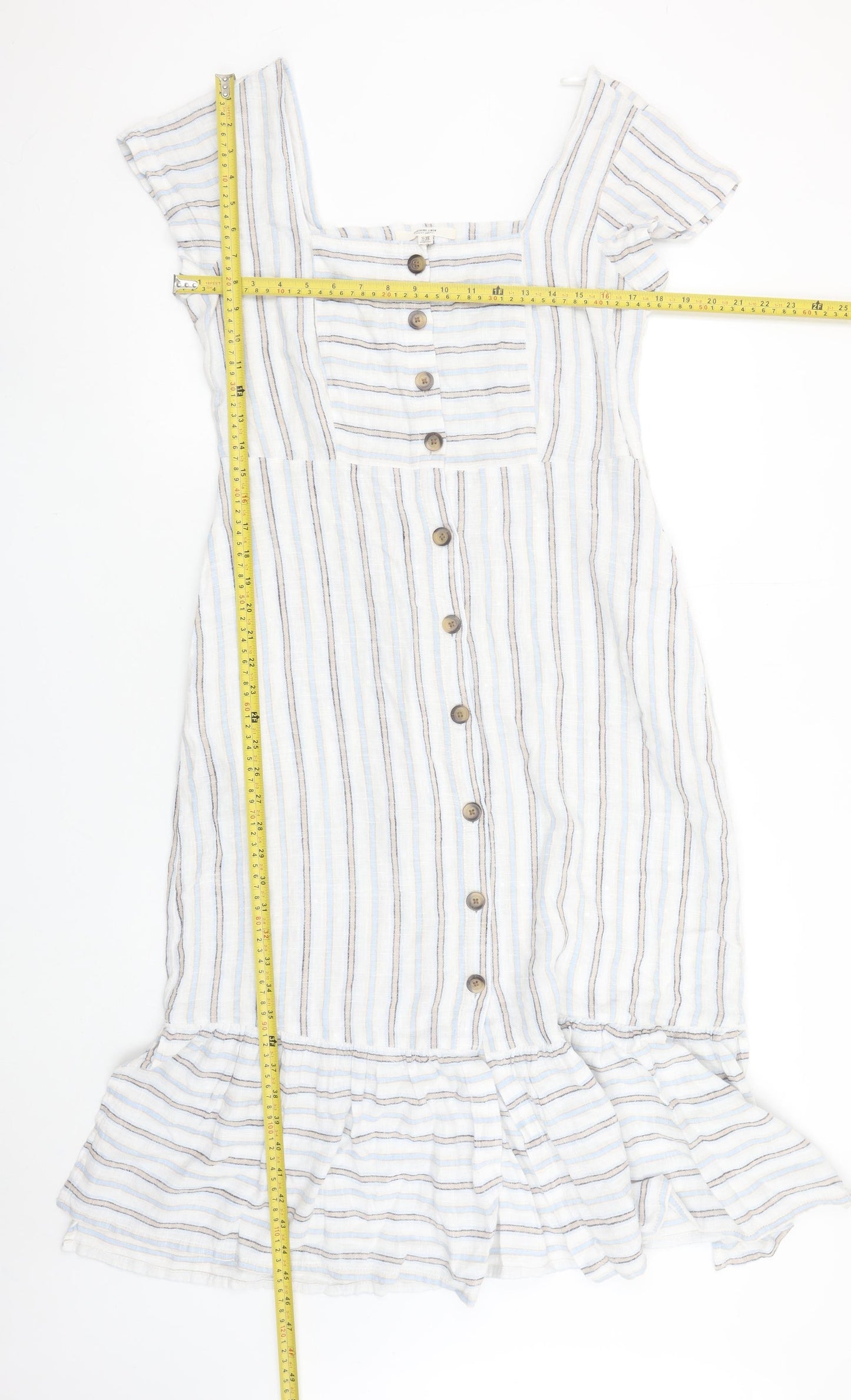 Next Women White Striped Linen Blend Button Knee Length Petite Dress Size 10